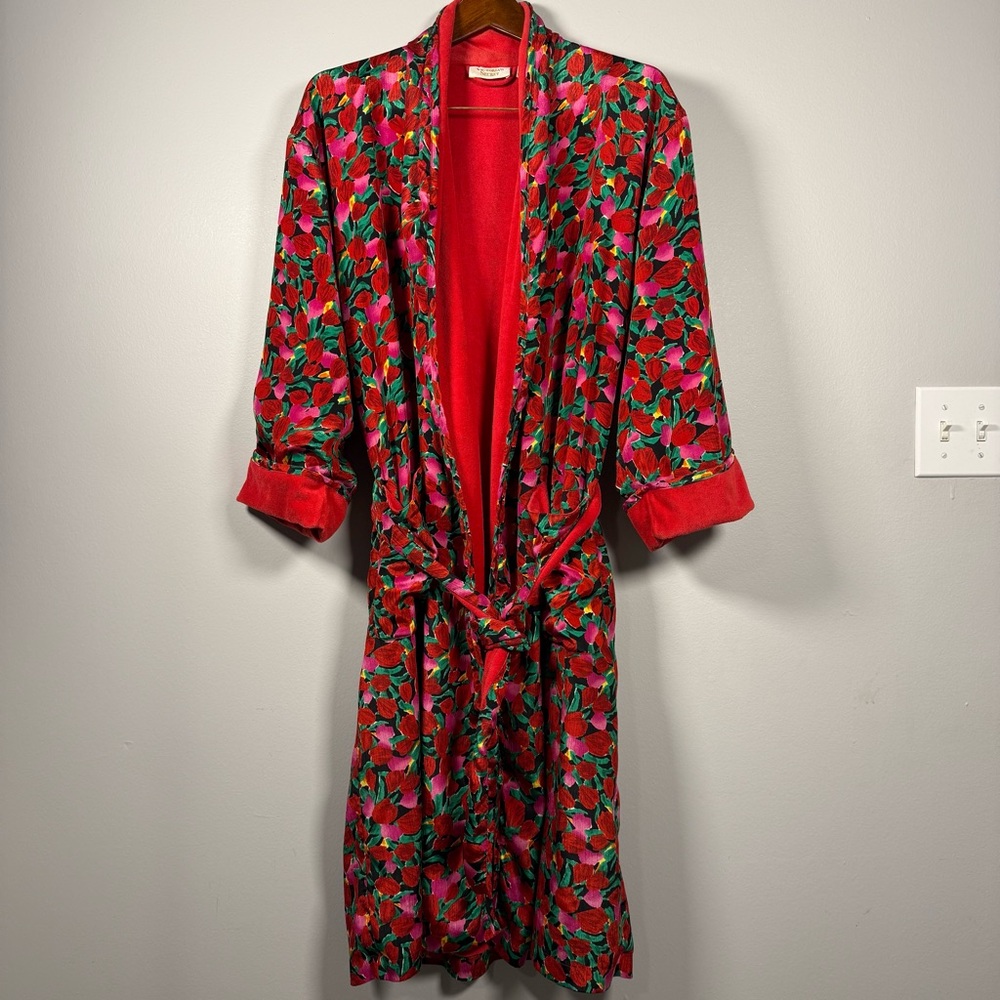 VTG Victoria's Secret Gold Label Floral Red Terry Cloth Lined Robe Silky Long